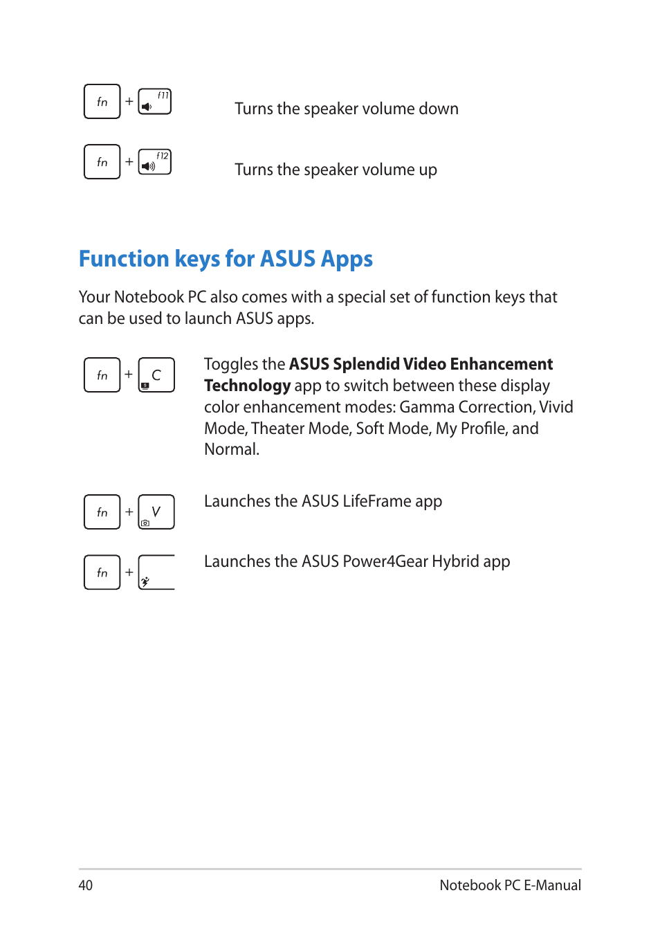 Function keys for asus apps | Asus Notebook PC (E-Manual) User Manual | Page 40 / 130