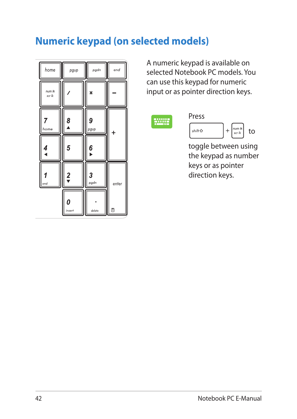 Numeric keypad (on selected models) | Asus Notebook PC (E-Manual) User Manual | Page 42 / 130