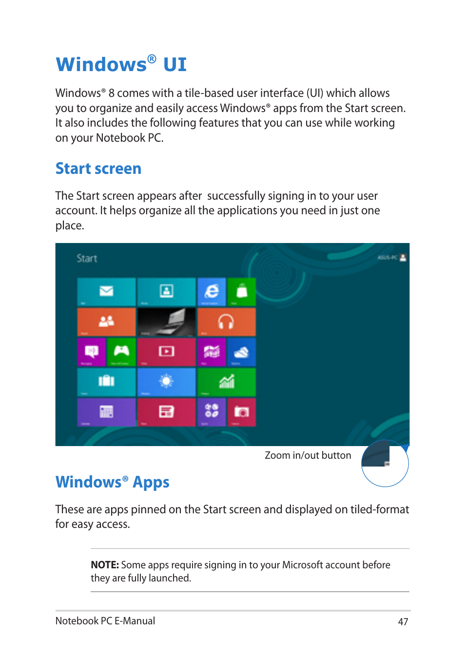 Windows® ui, Start screen, Windows® apps | Windows, Start screen windows® apps | Asus Notebook PC (E-Manual) User Manual | Page 47 / 130