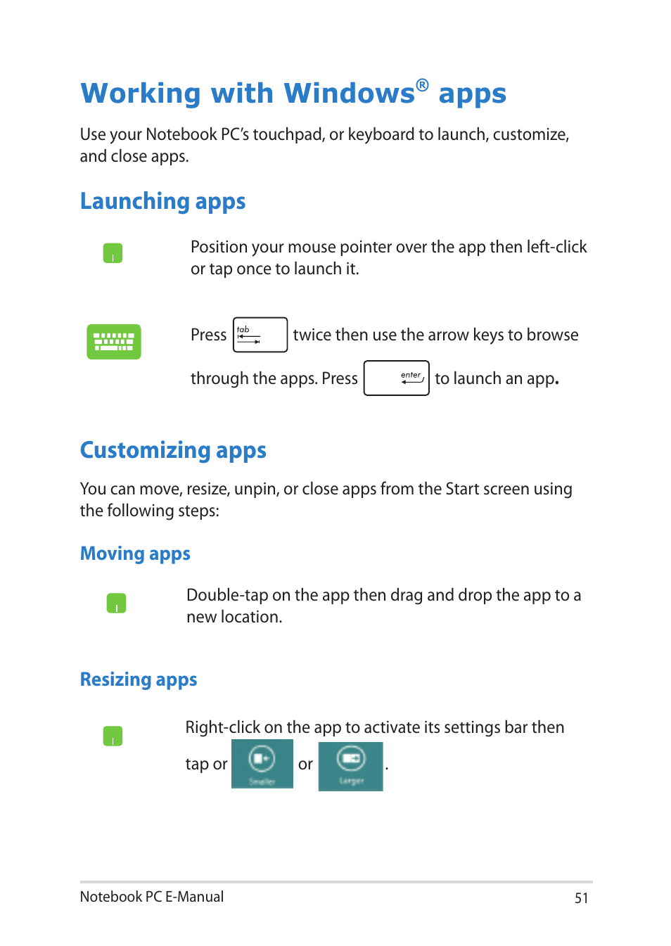 Working with windows® apps, Launching apps, Customizing apps | Working with windows, Apps, Launching apps customizing apps | Asus Notebook PC (E-Manual) User Manual | Page 51 / 130