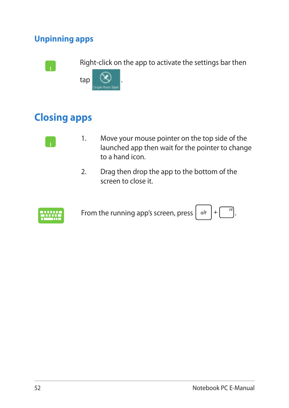 Closing apps | Asus Notebook PC (E-Manual) User Manual | Page 52 / 130
