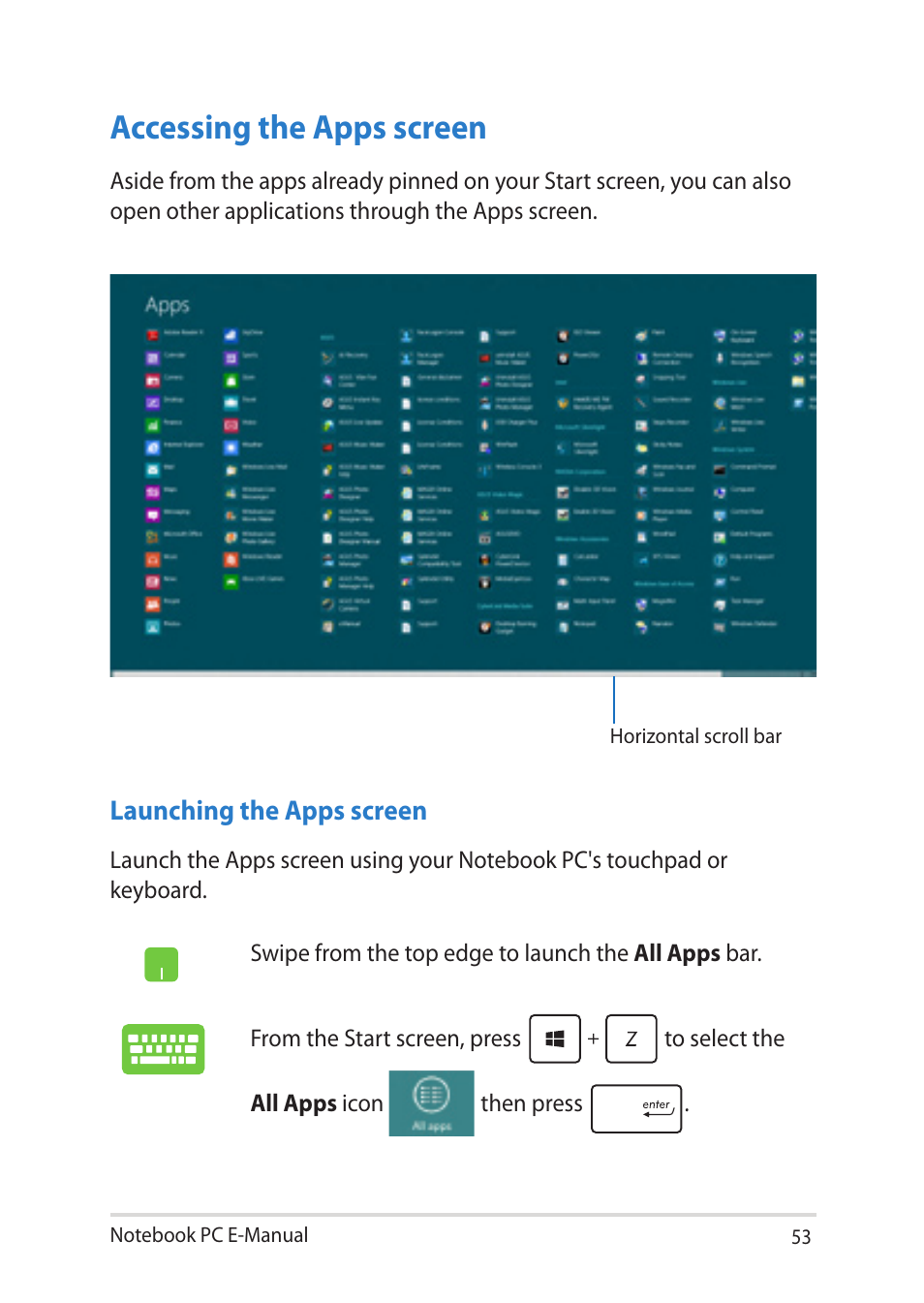 Accessing the apps screen | Asus Notebook PC (E-Manual) User Manual | Page 53 / 130