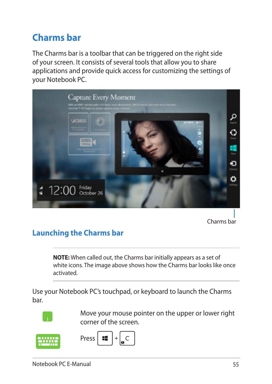 Charms bar | Asus Notebook PC (E-Manual) User Manual | Page 55 / 130