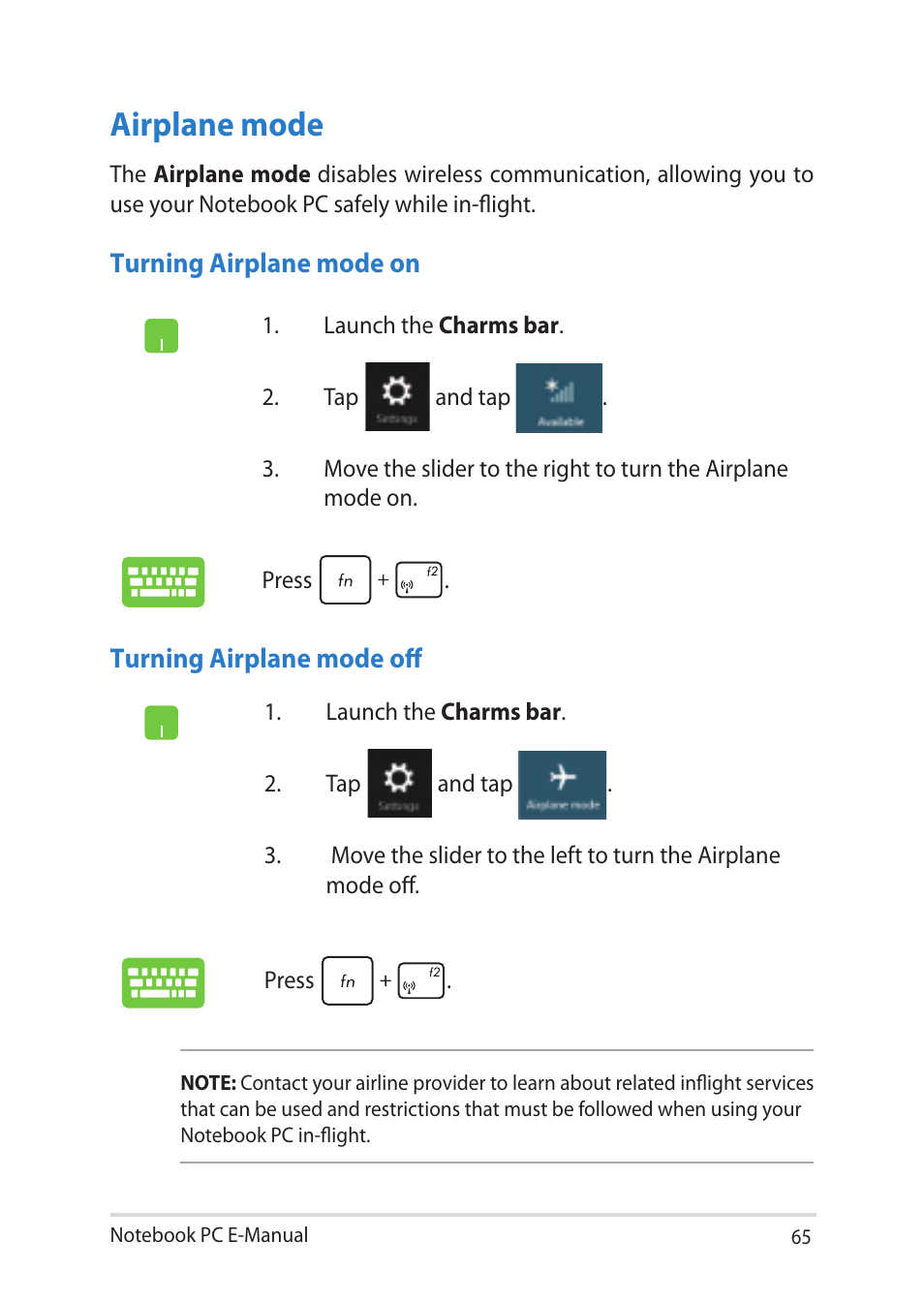 Airplane mode | Asus Notebook PC (E-Manual) User Manual | Page 65 / 130