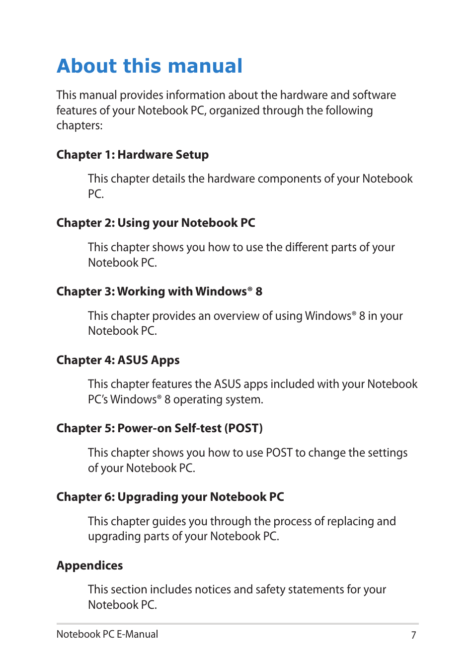 About this manual | Asus Notebook PC (E-Manual) User Manual | Page 7 / 130