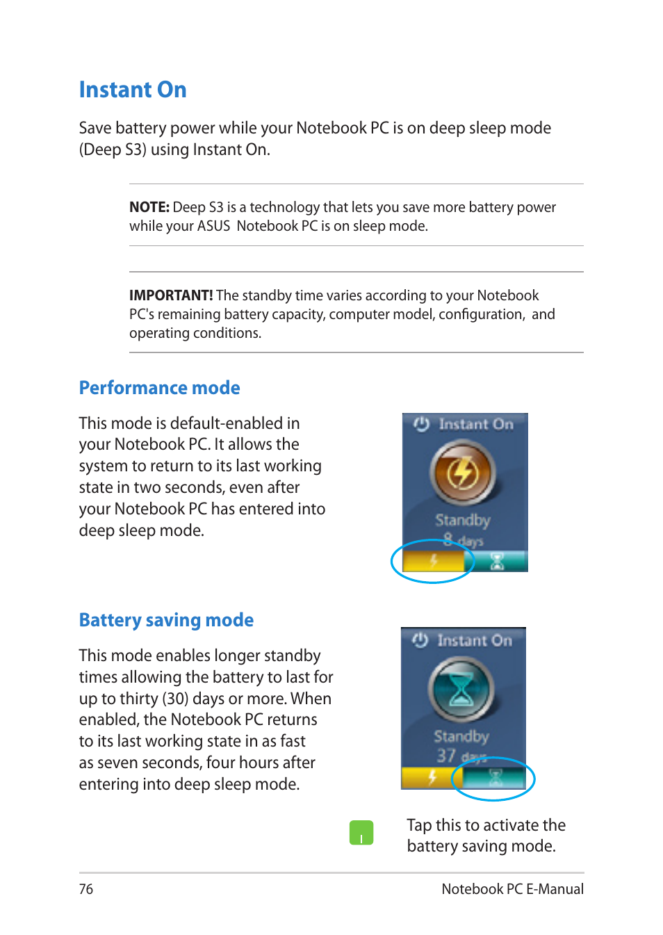 Instant on | Asus Notebook PC (E-Manual) User Manual | Page 76 / 130