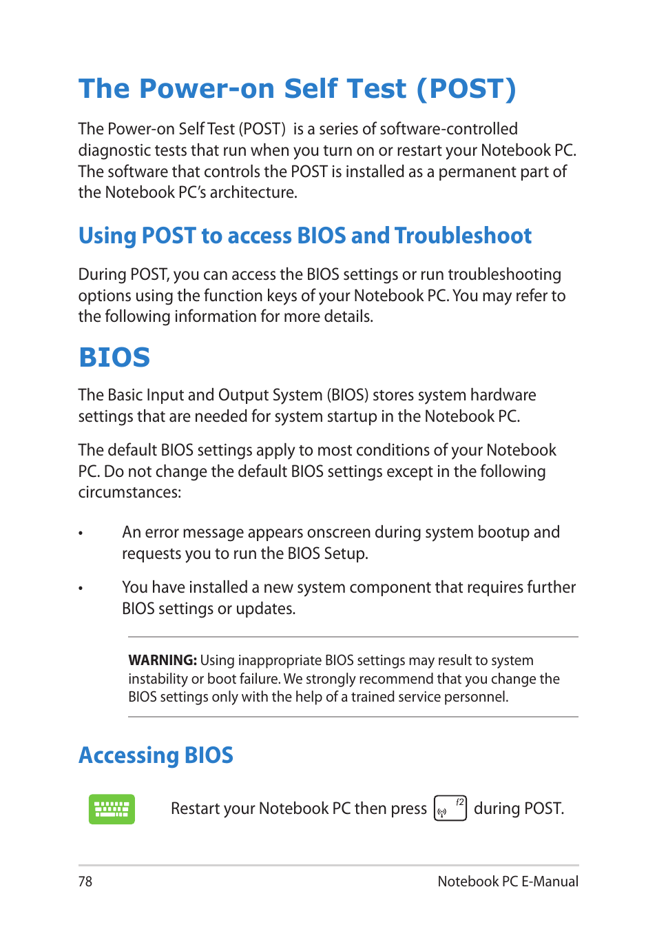 The power-on self test (post), Using post to access bios and troubleshoot, Bios | Accessing bios | Asus Notebook PC (E-Manual) User Manual | Page 78 / 130