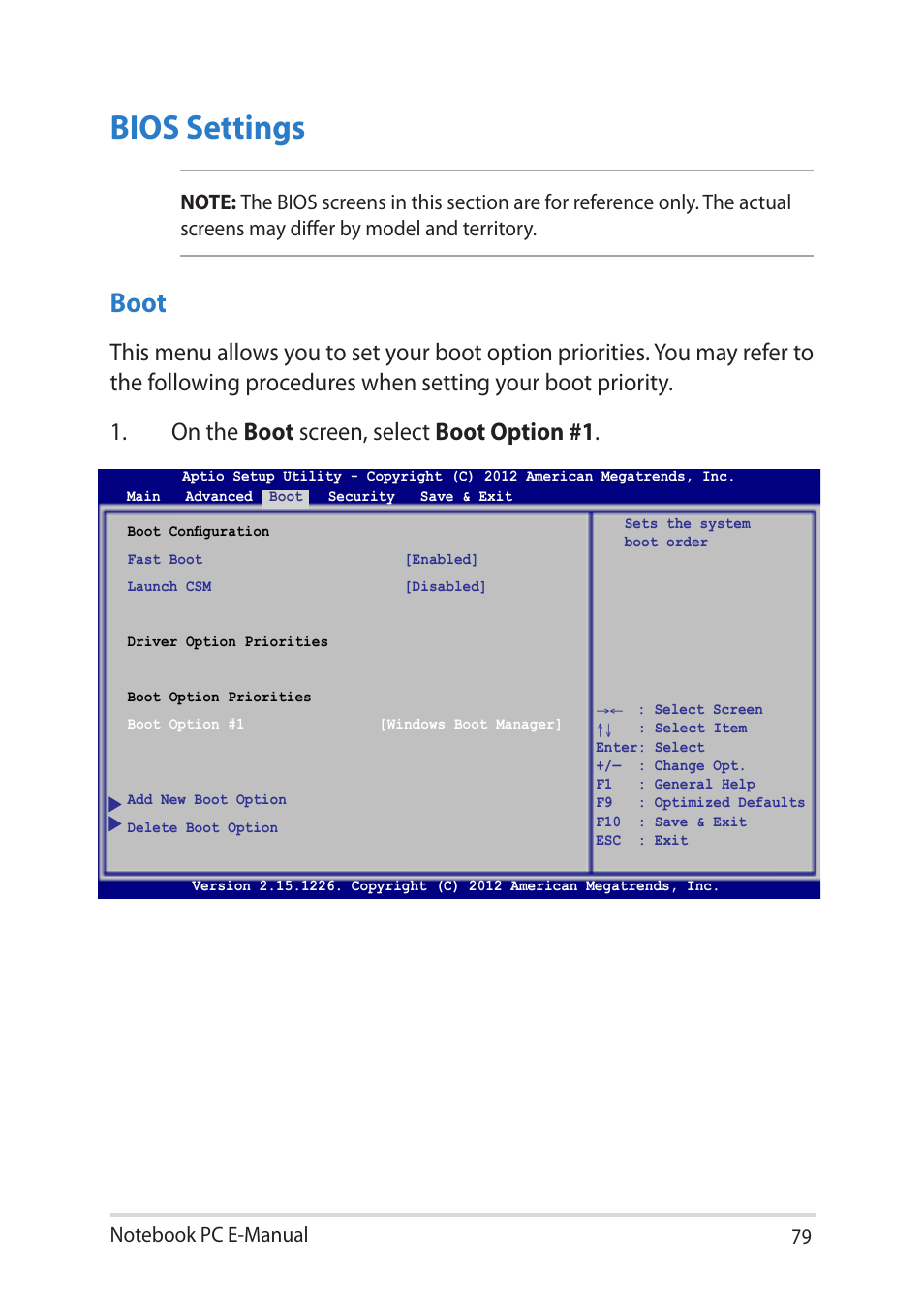 Bios settings, Boot | Asus Notebook PC (E-Manual) User Manual | Page 79 / 130