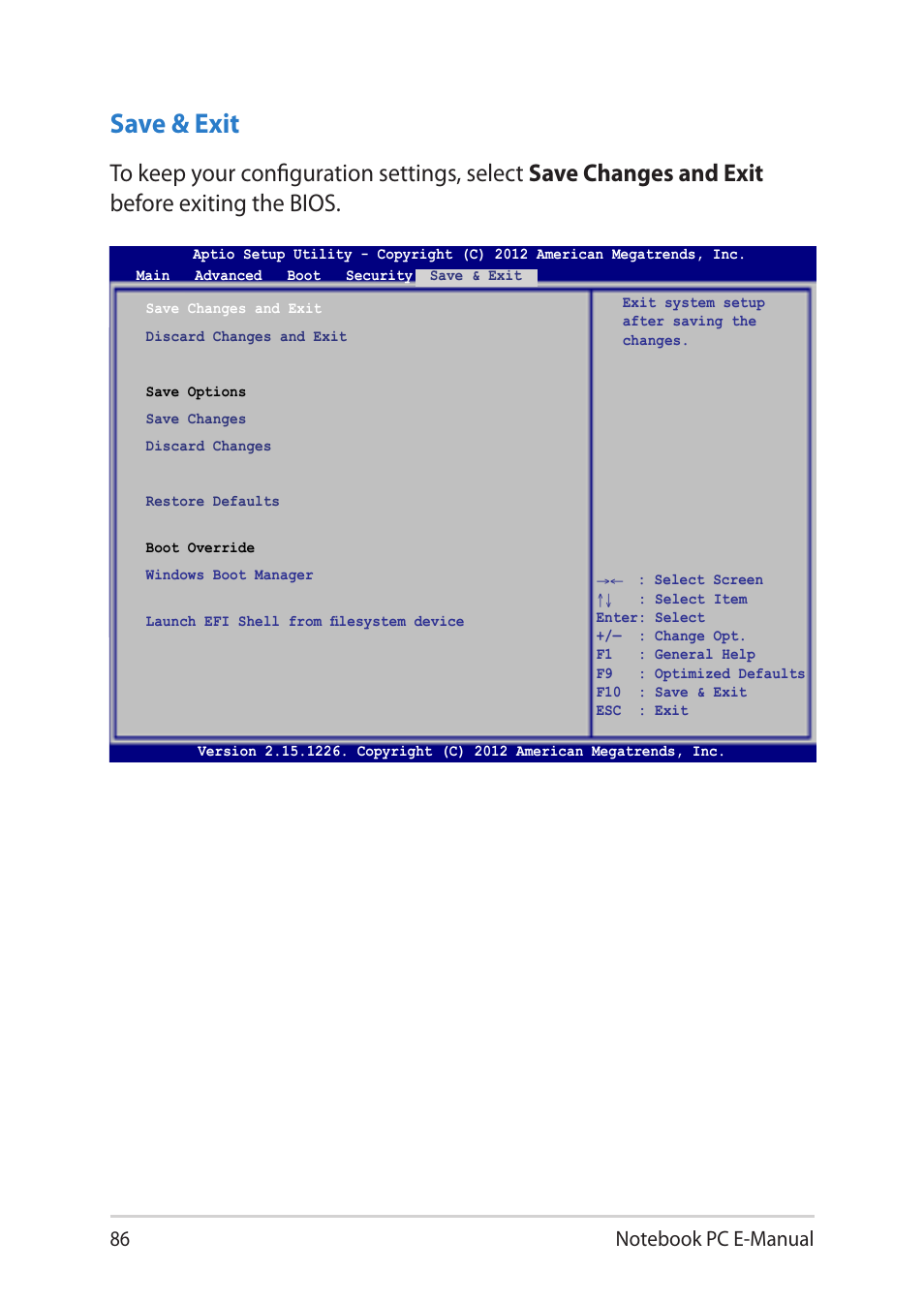 Save & exit | Asus Notebook PC (E-Manual) User Manual | Page 86 / 130