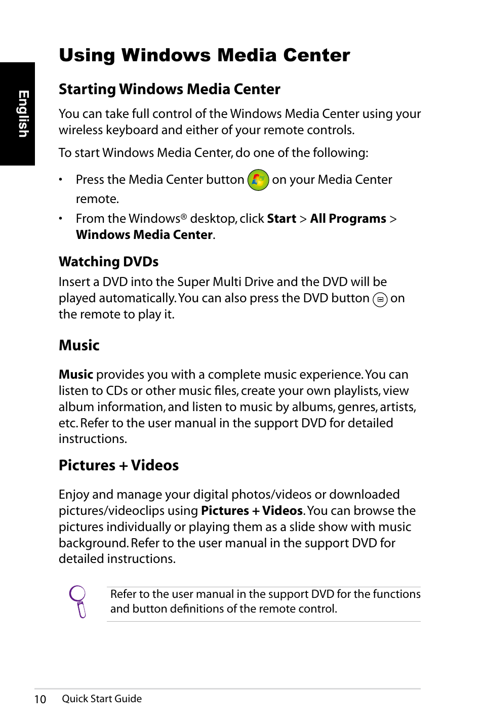 Using windows media center, Starting windows media center, Music | Pictures + videos | Asus NOVA (P20/P22) User Manual | Page 10 / 280