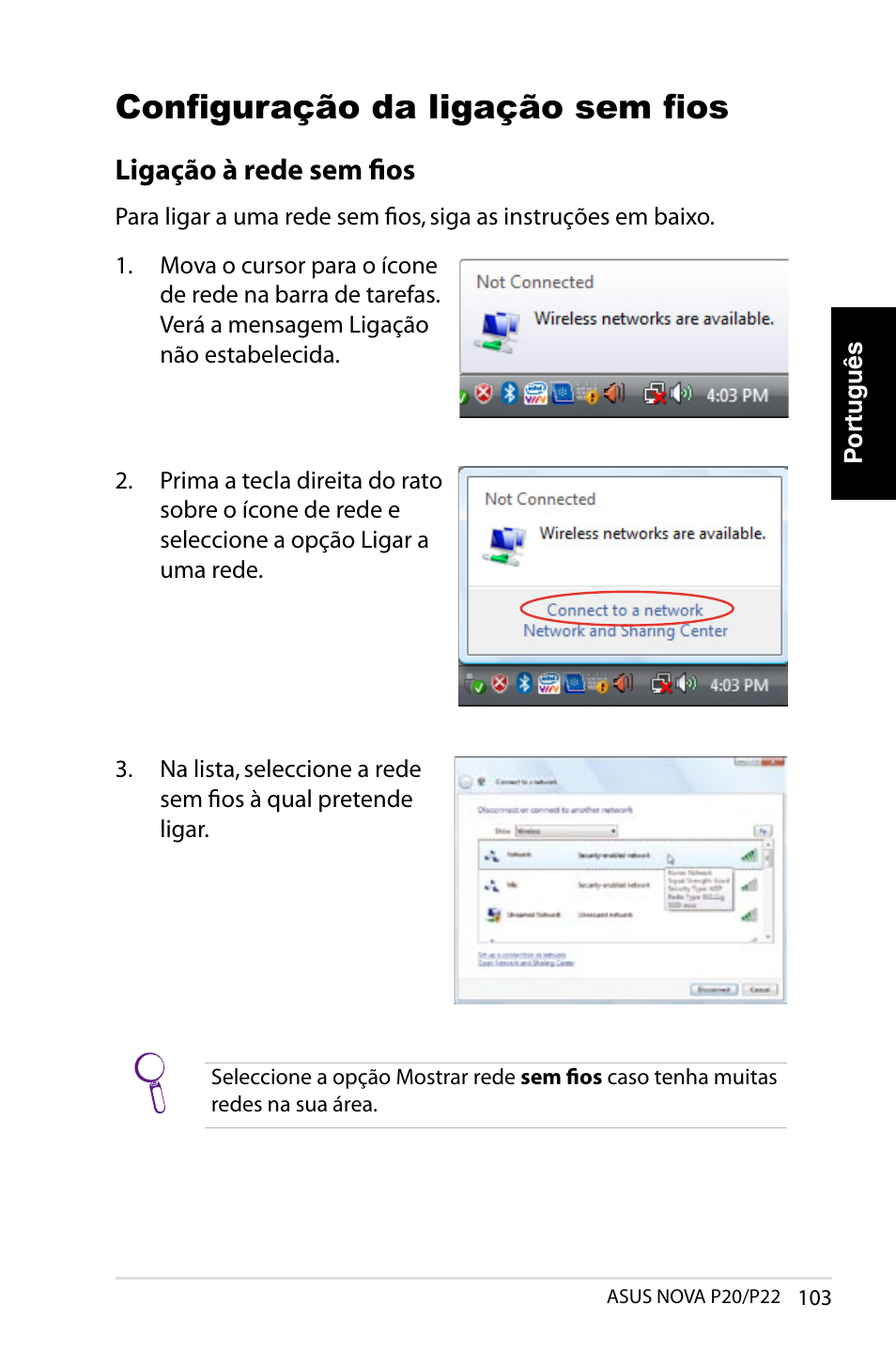 Configuração da ligação sem fios, Ligação à rede sem fios | Asus NOVA (P20/P22) User Manual | Page 103 / 280