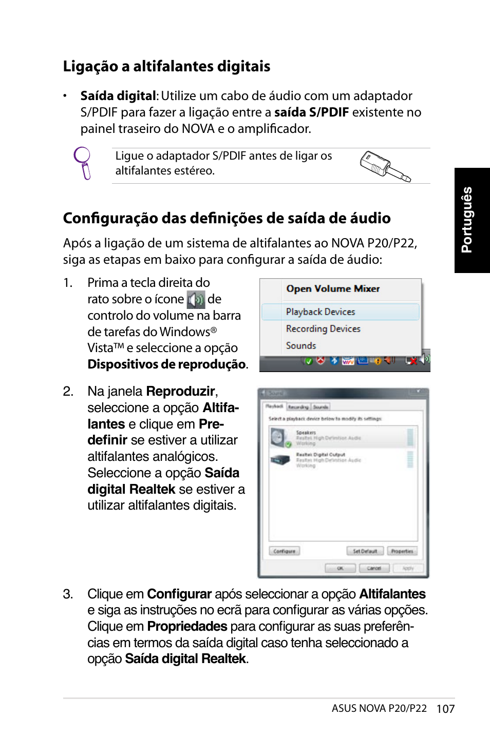 Ligação a altifalantes digitais, Configuração das definições de saída de áudio | Asus NOVA (P20/P22) User Manual | Page 107 / 280