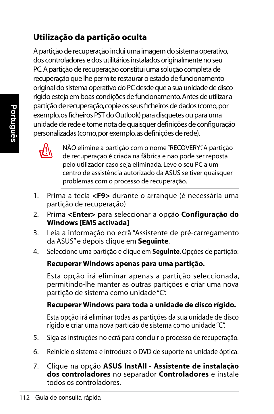 Utilização da partição oculta | Asus NOVA (P20/P22) User Manual | Page 112 / 280