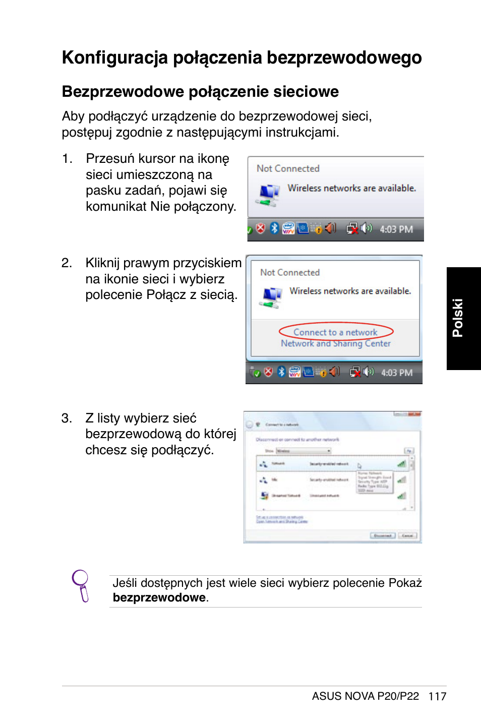 Konfiguracja połączenia bezprzewodowego, Bezprzewodowe połączenie sieciowe | Asus NOVA (P20/P22) User Manual | Page 117 / 280