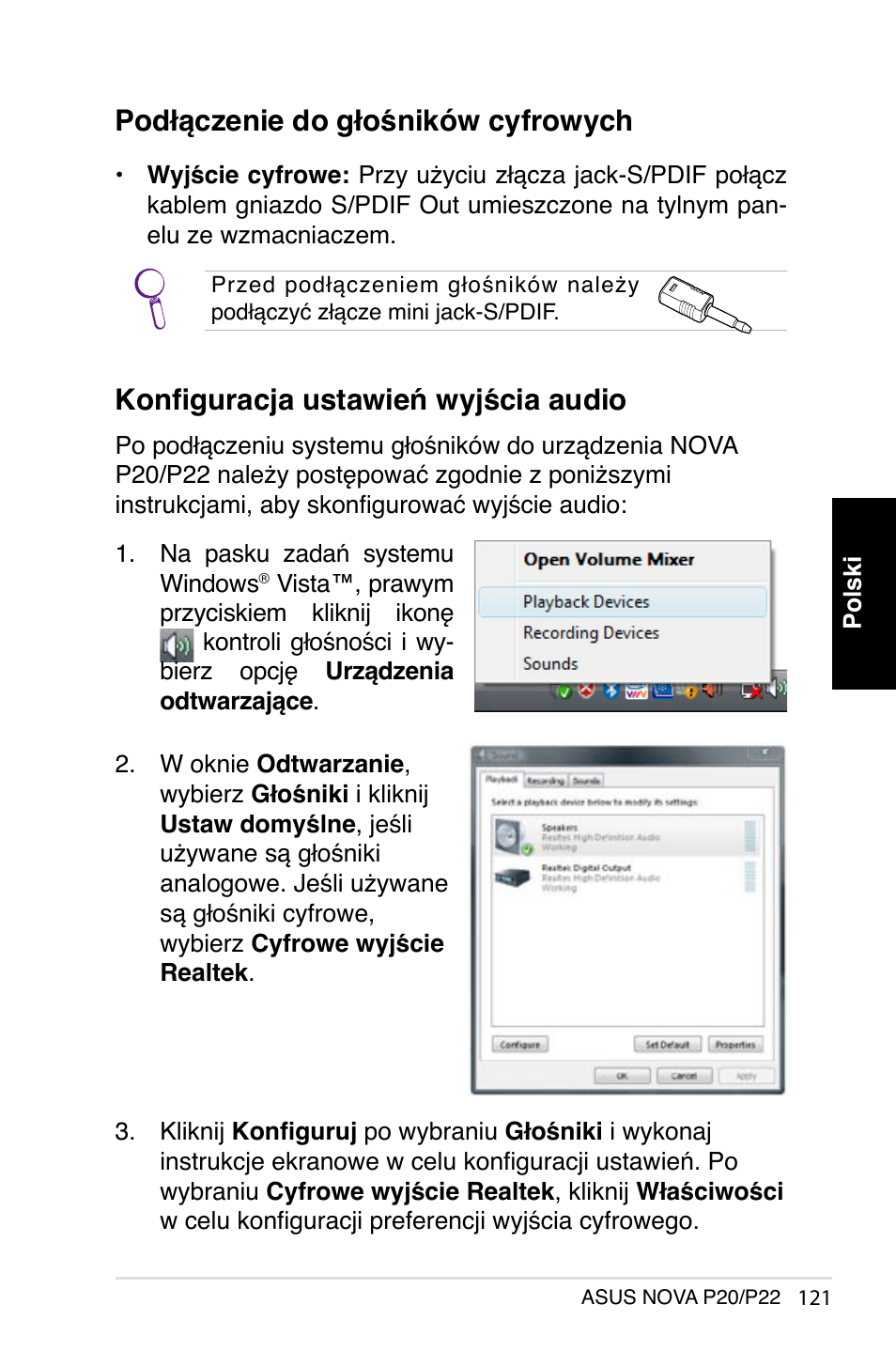 Podłączenie do głośników cyfrowych, Konfiguracja ustawień wyjścia audio | Asus NOVA (P20/P22) User Manual | Page 121 / 280