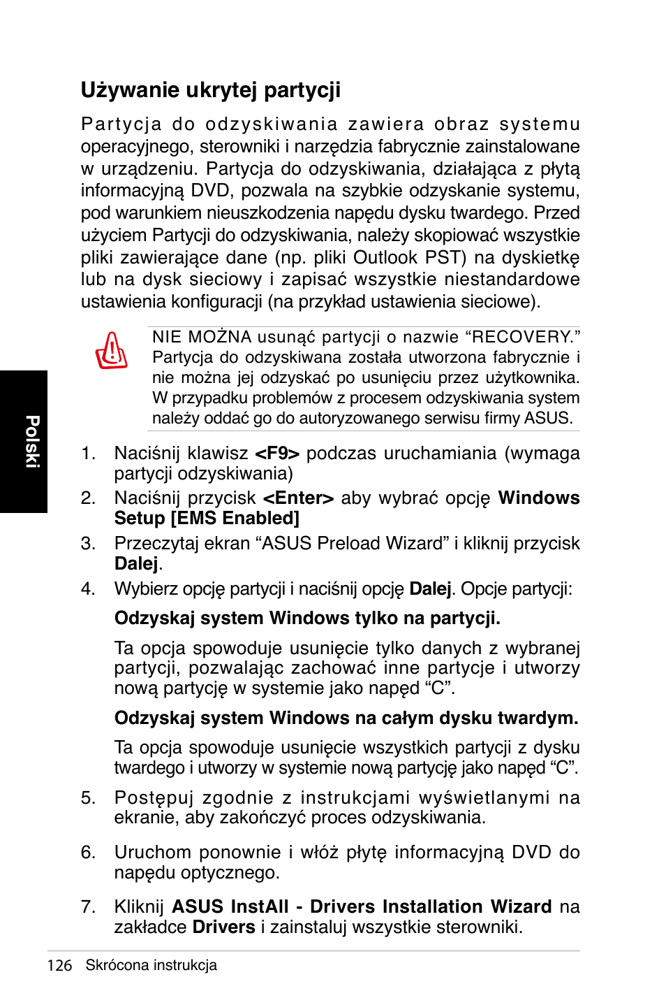 Używanie ukrytej partycji | Asus NOVA (P20/P22) User Manual | Page 126 / 280