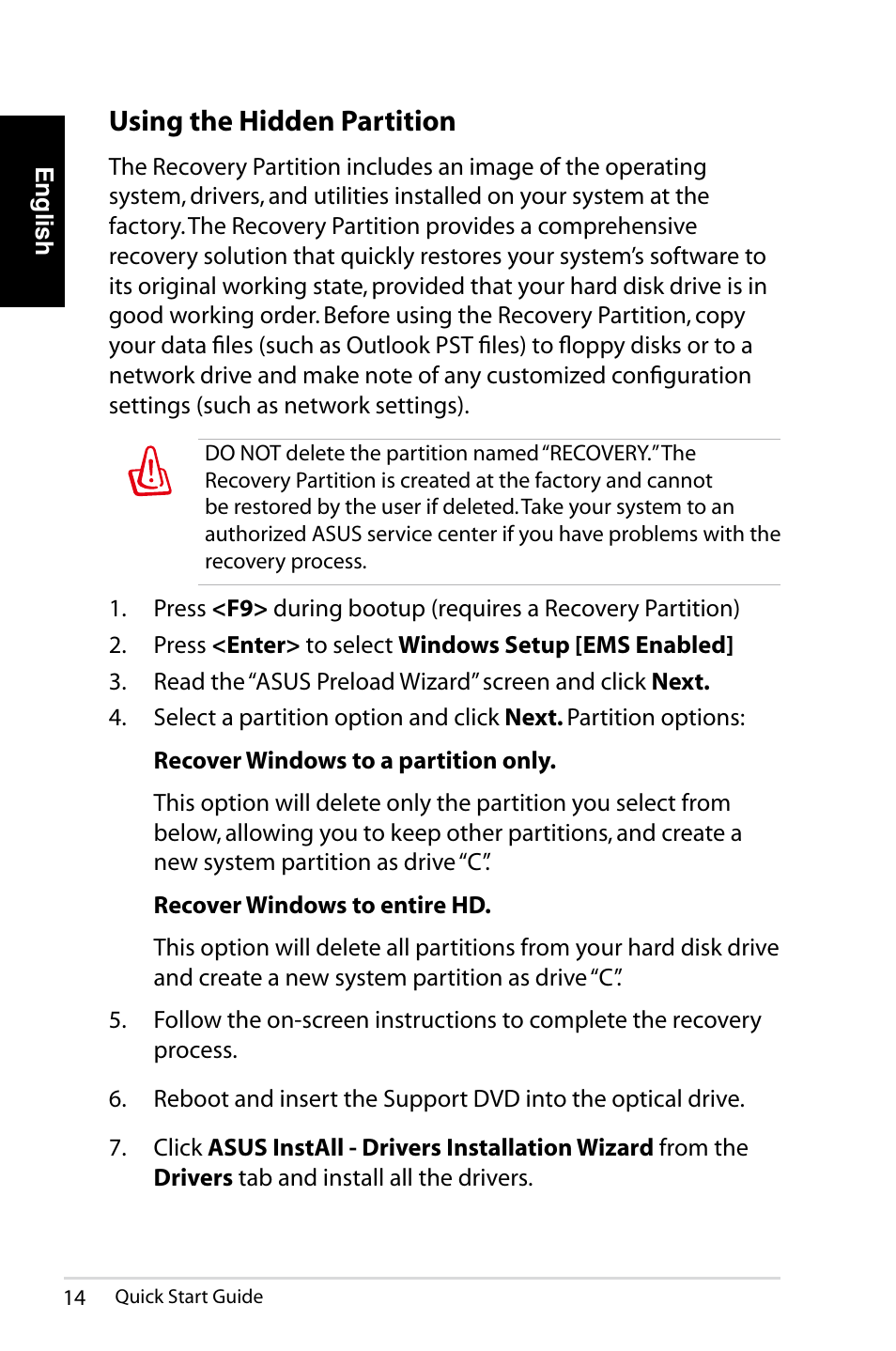 Using the hidden partition | Asus NOVA (P20/P22) User Manual | Page 14 / 280