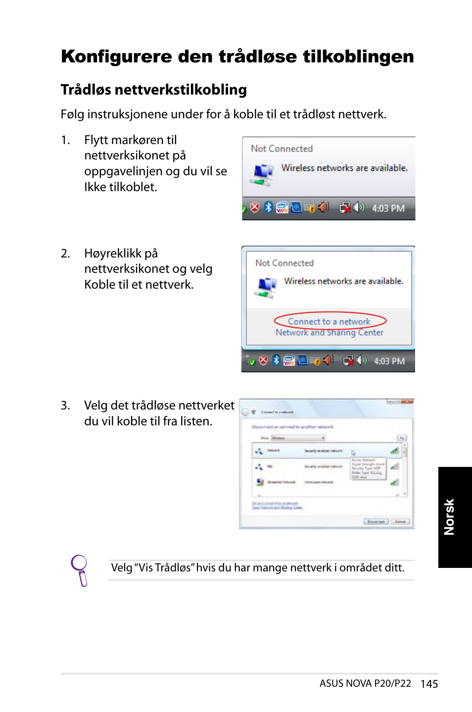 Konfigurere den trådløse tilkoblingen, Trådløs nettverkstilkobling | Asus NOVA (P20/P22) User Manual | Page 145 / 280