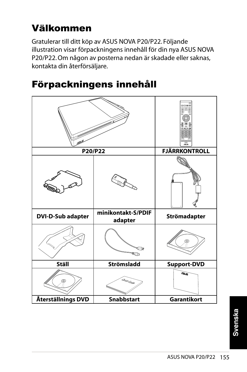 Välkommen, Förpackningens innehåll, Svenska | Återställnings dvd snabbstart garantikort, Asus nova p20/p22 | Asus NOVA (P20/P22) User Manual | Page 155 / 280