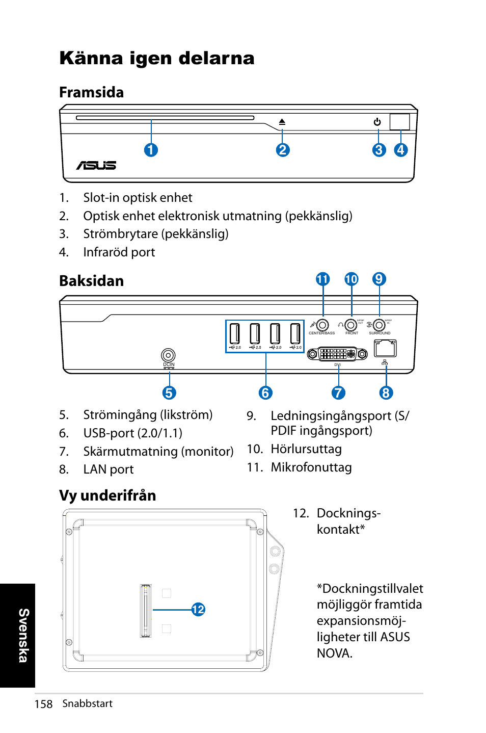 Känna igen delarna, Framsida, Baksidan | Vy underifrån, Svenska | Asus NOVA (P20/P22) User Manual | Page 158 / 280