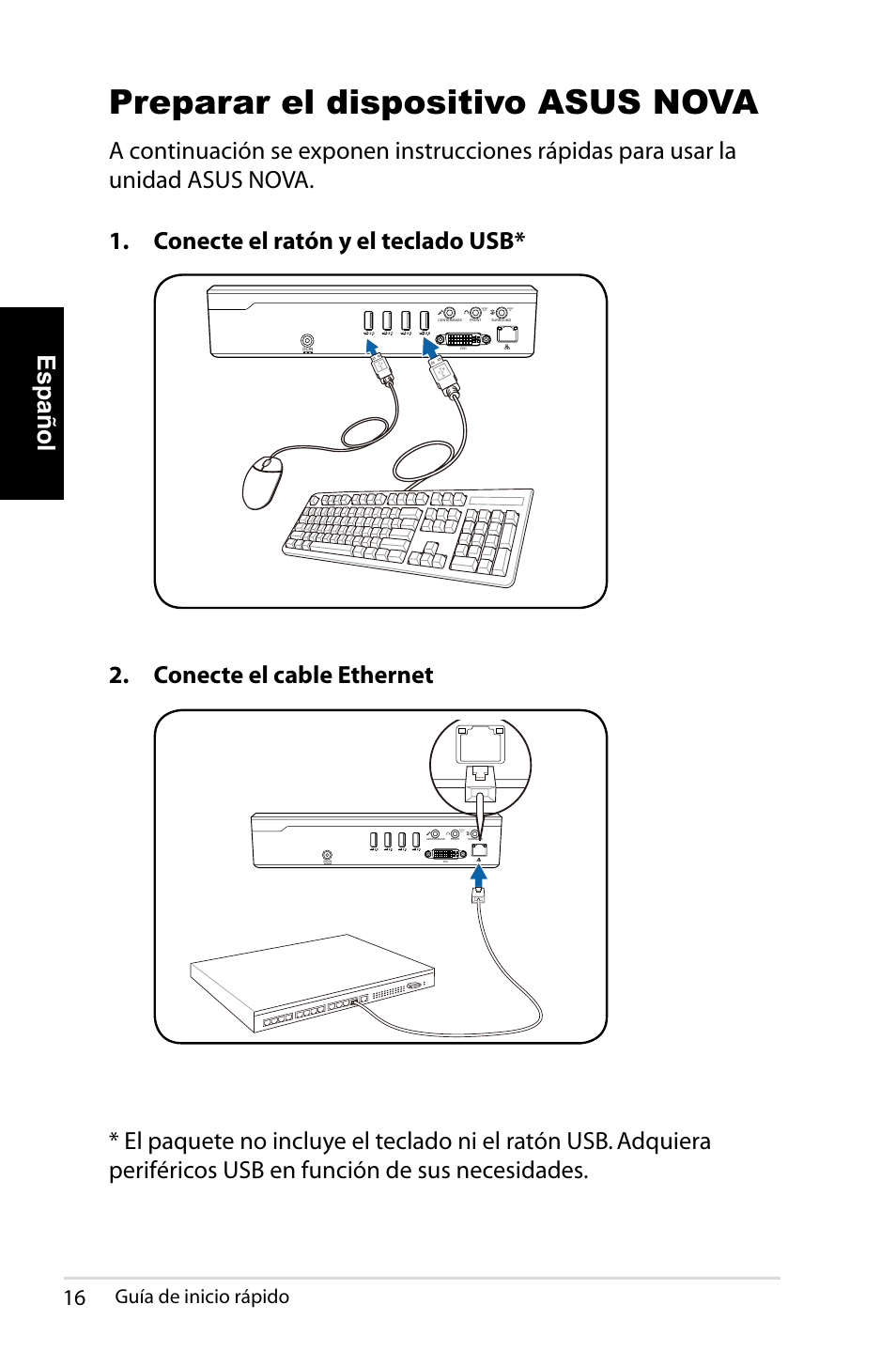 Preparar el dispositivo asus nova, Español, Conecte el cable ethernet | Guía de inicio rápido | Asus NOVA (P20/P22) User Manual | Page 16 / 280