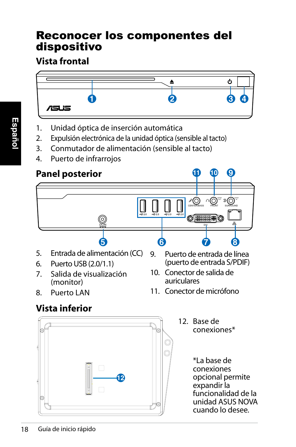 Reconocer los componentes del dispositivo, Vista frontal, Panel posterior | Vista inferior, Español | Asus NOVA (P20/P22) User Manual | Page 18 / 280