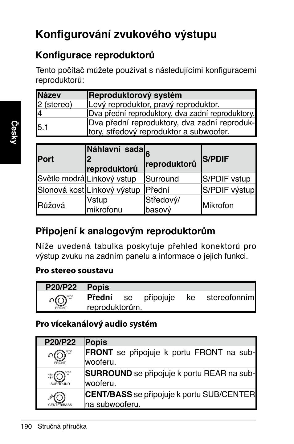 Konfigurování zvukového výstupu, Připojení k analogovým reproduktorům, Konfigurace reproduktorů | Pro stereo soustavu pro vícekanálový audio systém | Asus NOVA (P20/P22) User Manual | Page 190 / 280