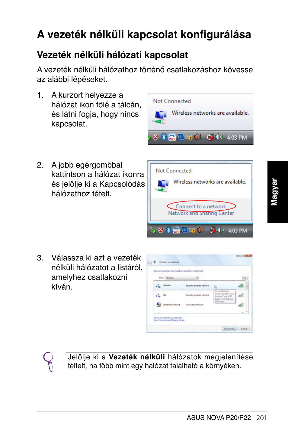 A vezeték nélküli kapcsolat konfigurálása, Vezeték nélküli hálózati kapcsolat | Asus NOVA (P20/P22) User Manual | Page 201 / 280