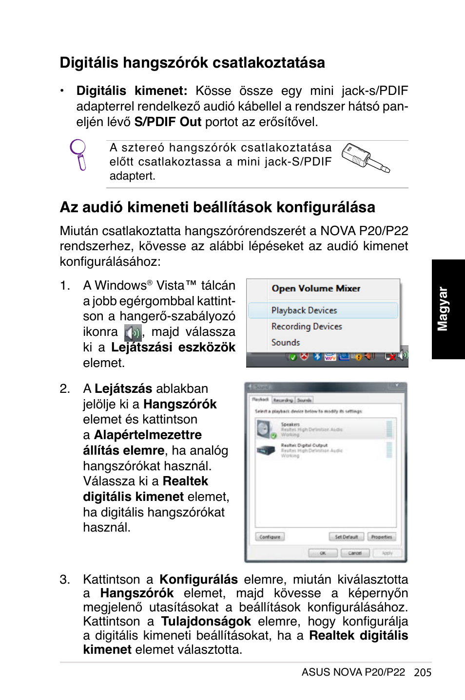 Digitális hangszórók csatlakoztatása, Az audió kimeneti beállítások konfigurálása | Asus NOVA (P20/P22) User Manual | Page 205 / 280