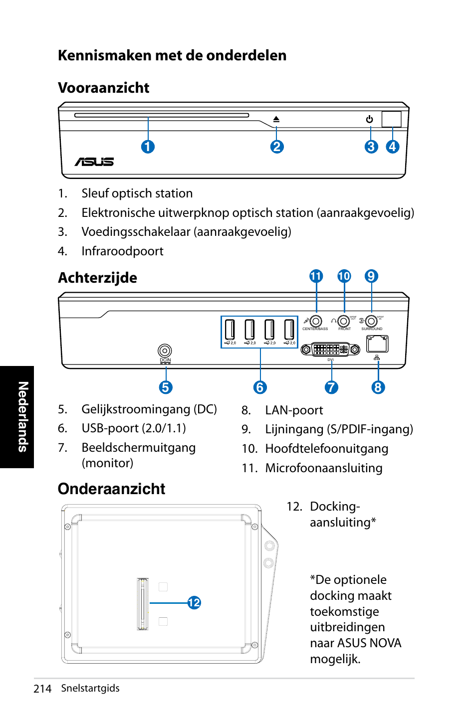 Kennismaken met de onderdelen vooraanzicht, Achterzijde, Onderaanzicht | Nederlands | Asus NOVA (P20/P22) User Manual | Page 214 / 280