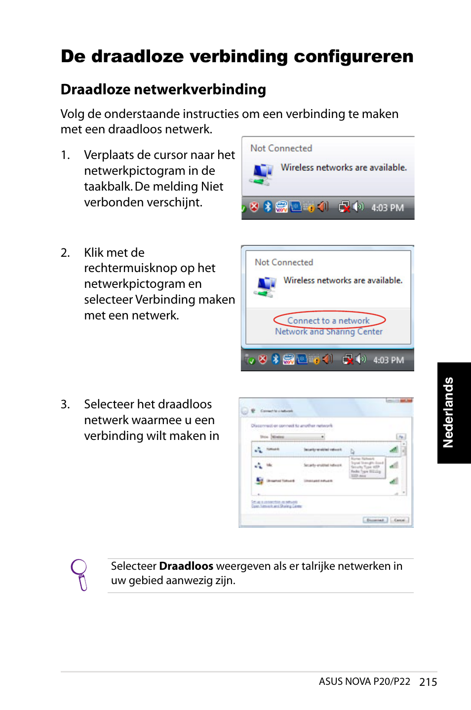 De draadloze verbinding configureren, Draadloze netwerkverbinding | Asus NOVA (P20/P22) User Manual | Page 215 / 280