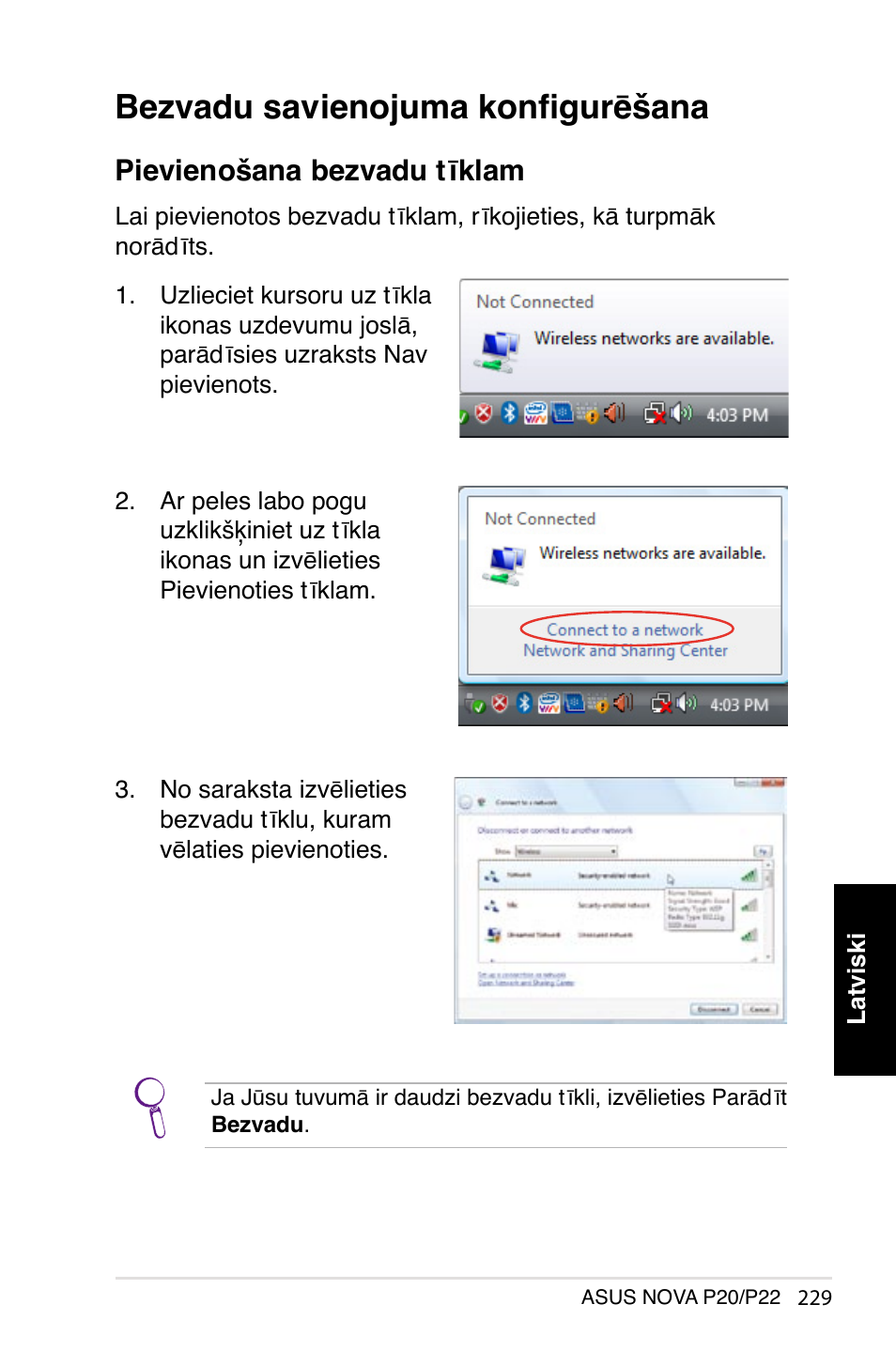 Bezvadu savienojuma konfigurēšana, Pievienošana bezvadu tīklam | Asus NOVA (P20/P22) User Manual | Page 229 / 280