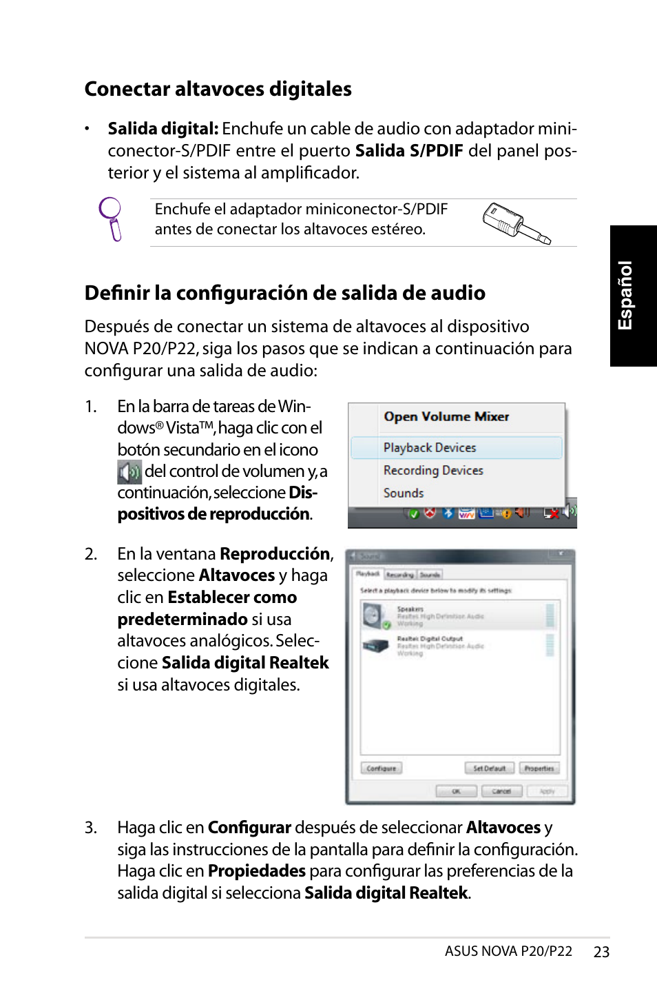 Conectar altavoces digitales, Definir la configuración de salida de audio | Asus NOVA (P20/P22) User Manual | Page 23 / 280