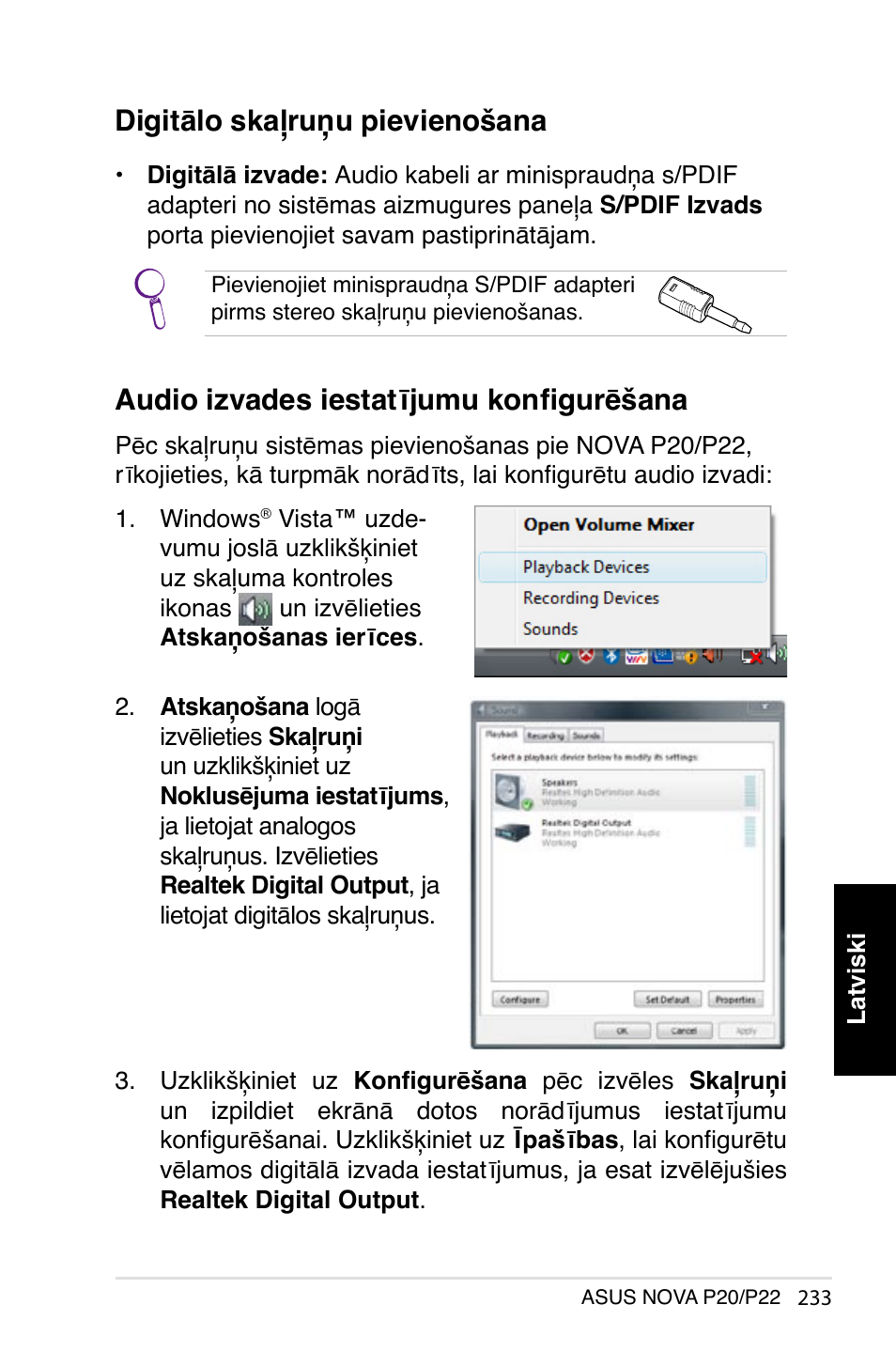 Digitālo skaļruņu pievienošana, Audio izvades iestatījumu konfigurēšana | Asus NOVA (P20/P22) User Manual | Page 233 / 280