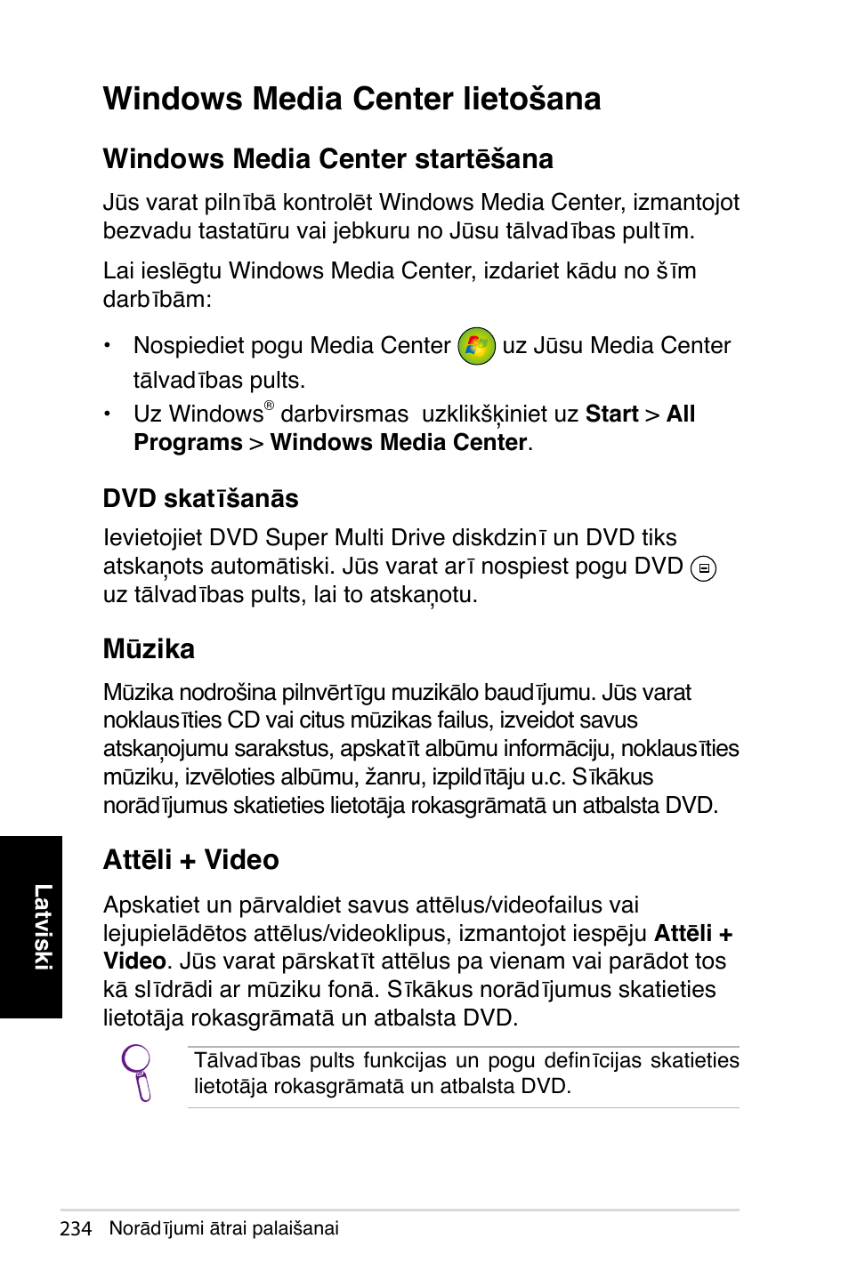 Windows media center lietošana, Windows media center startēšana, Mūzika | Attēli + video | Asus NOVA (P20/P22) User Manual | Page 234 / 280