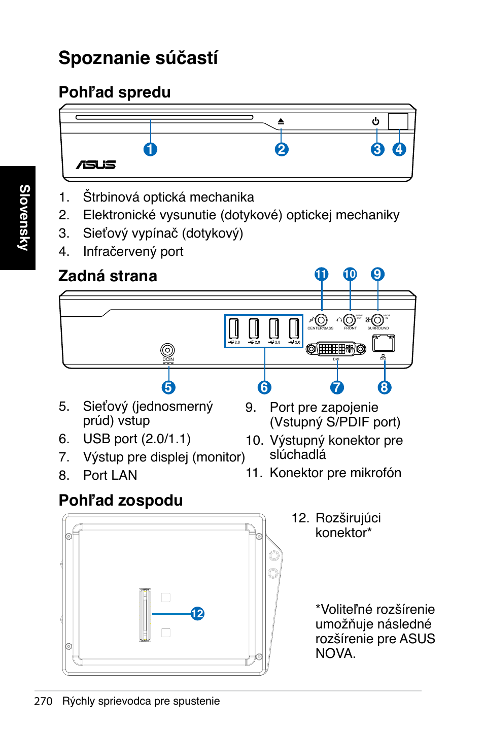 Spoznanie súčastí, Pohľad spredu, Zadná strana | Pohľad zospodu, Slovensky | Asus NOVA (P20/P22) User Manual | Page 270 / 280