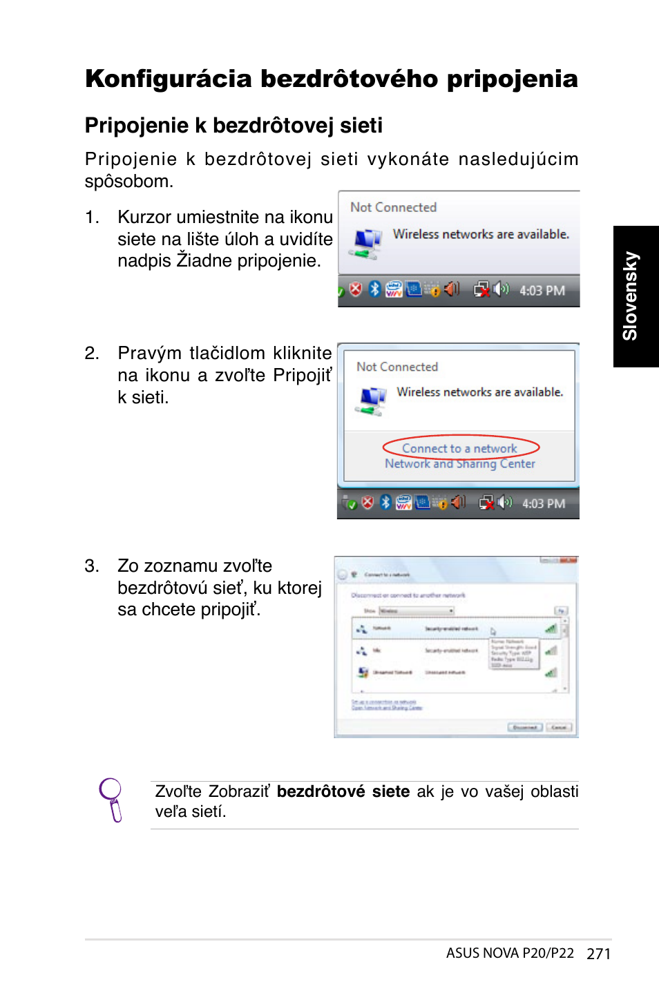 Konfigurácia bezdrôtového pripojenia, Pripojenie k bezdrôtovej sieti | Asus NOVA (P20/P22) User Manual | Page 271 / 280