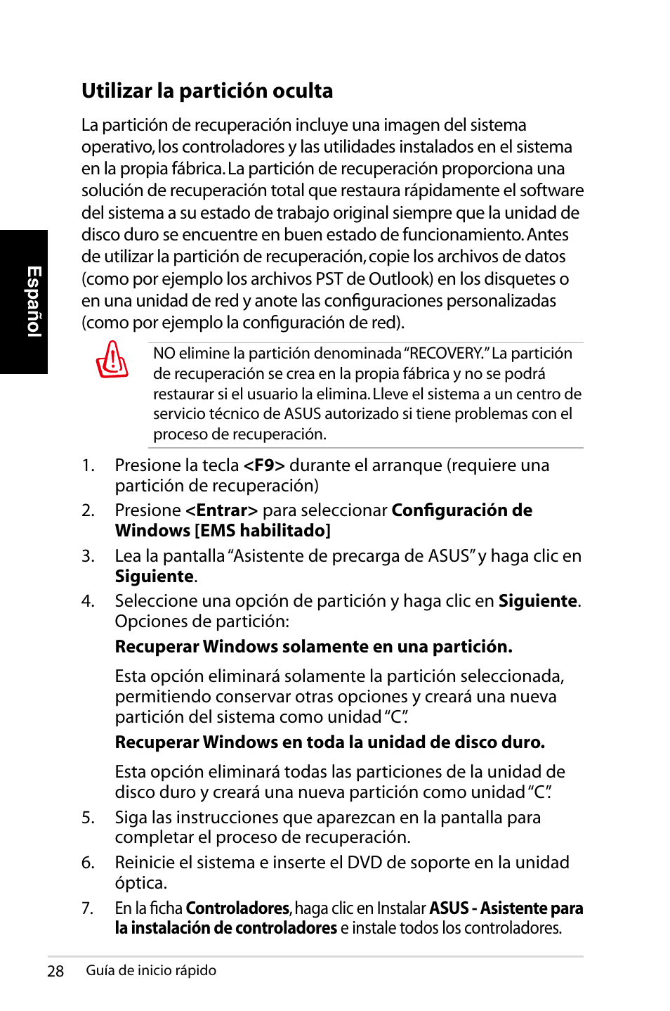 Utilizar la partición oculta | Asus NOVA (P20/P22) User Manual | Page 28 / 280