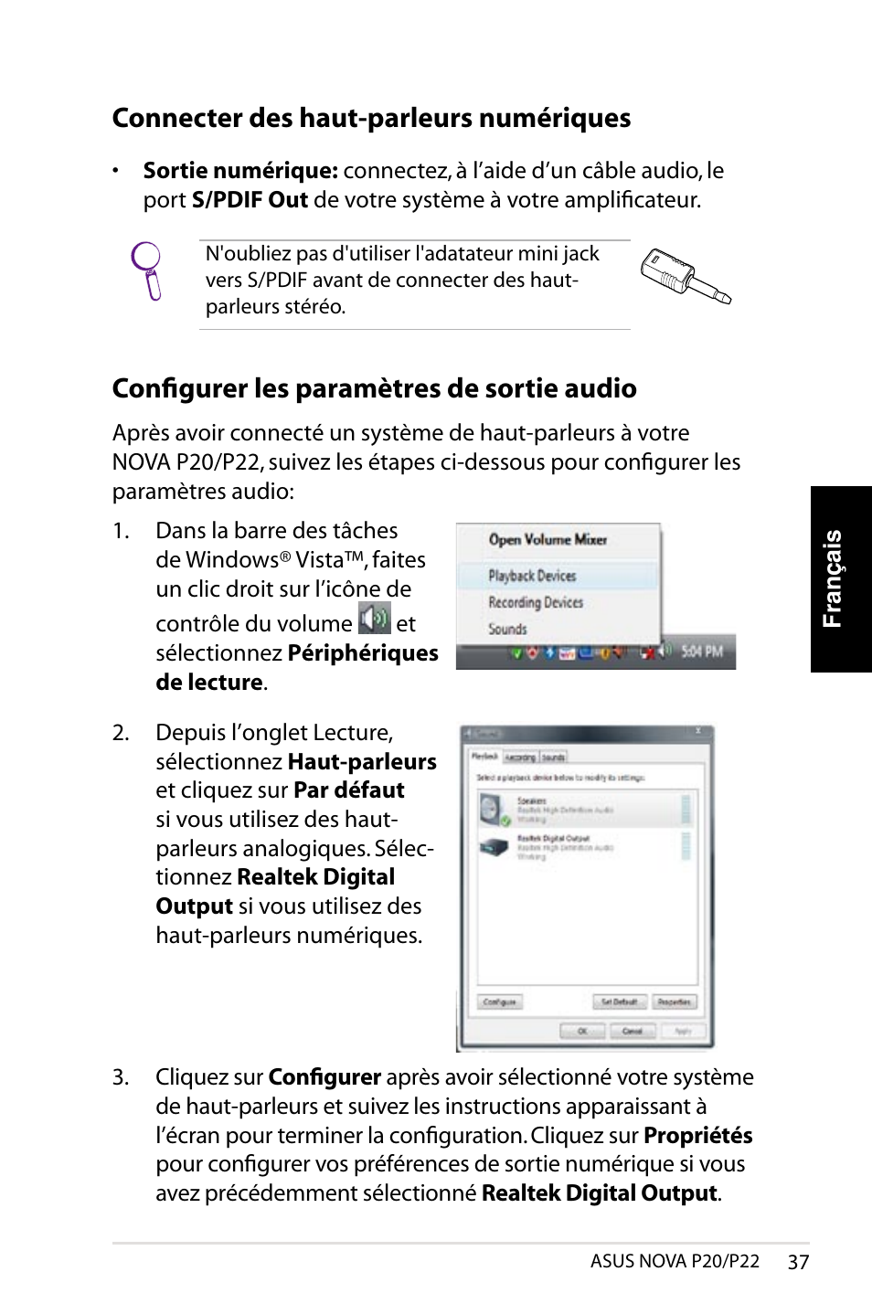 Connecter des haut-parleurs numériques, Configurer les paramètres de sortie audio | Asus NOVA (P20/P22) User Manual | Page 37 / 280