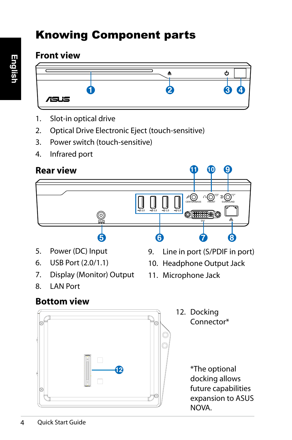 Knowing component parts, Front view, Rear view | Bottom view, English | Asus NOVA (P20/P22) User Manual | Page 4 / 280