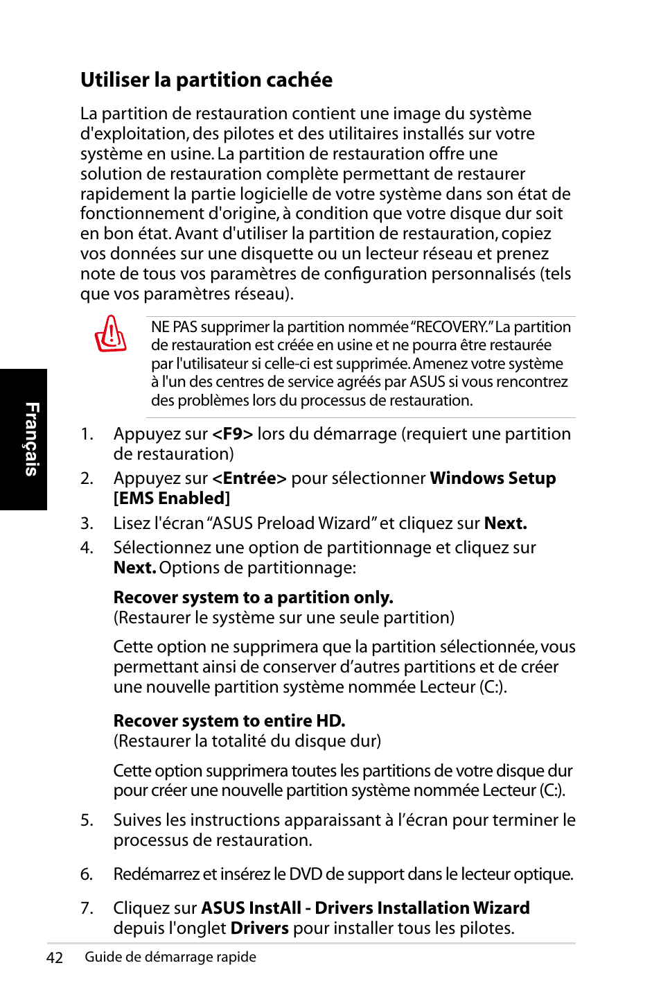 Utiliser la partition cachée | Asus NOVA (P20/P22) User Manual | Page 42 / 280