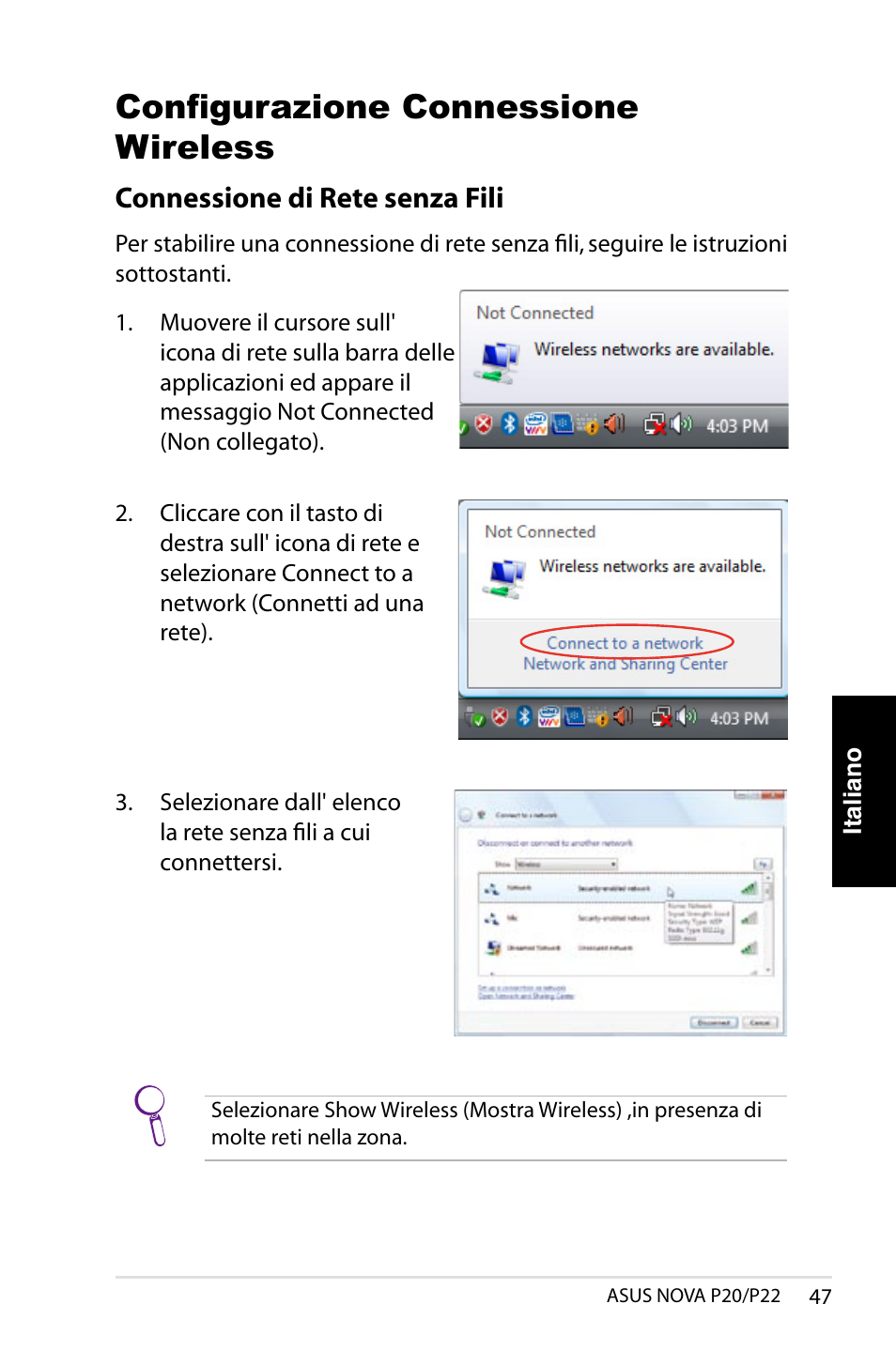 Configurazione connessione wireless, Connessione di rete senza fili | Asus NOVA (P20/P22) User Manual | Page 47 / 280