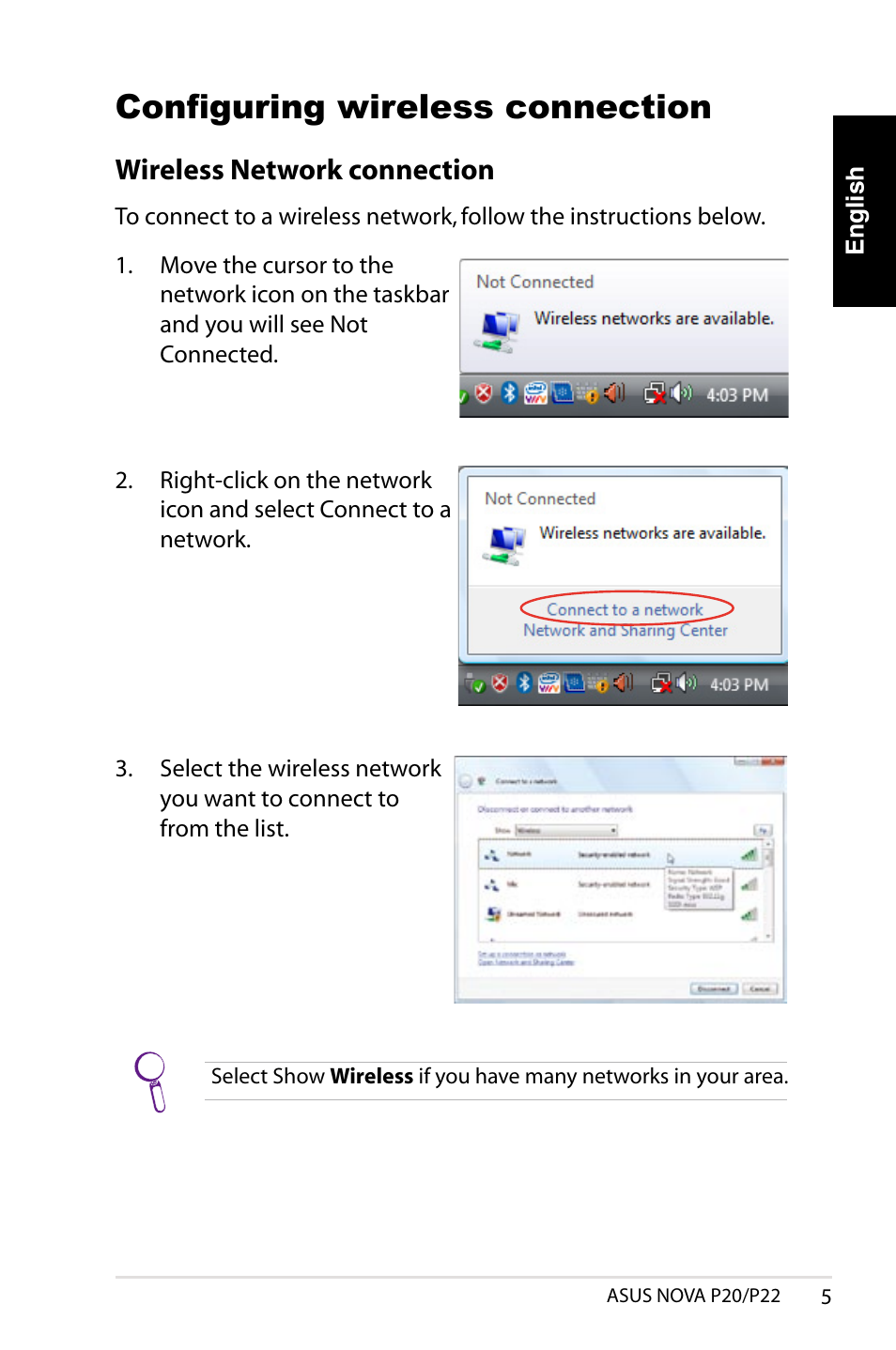 Configuring wireless connection, Wireless network connection | Asus NOVA (P20/P22) User Manual | Page 5 / 280