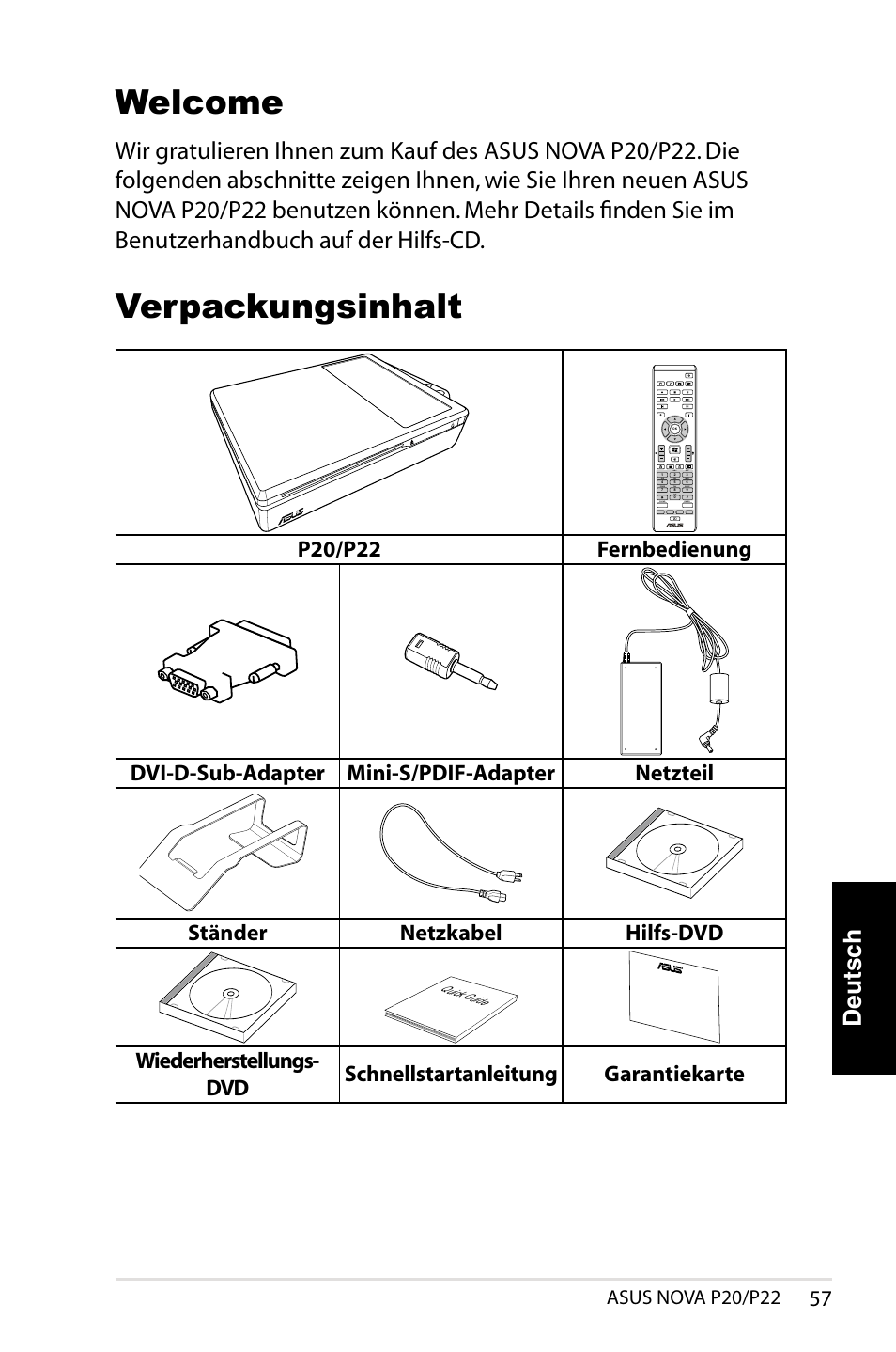 Welcome, Verpackungsinhalt, Deutsch | Asus nova p20/p22 | Asus NOVA (P20/P22) User Manual | Page 57 / 280