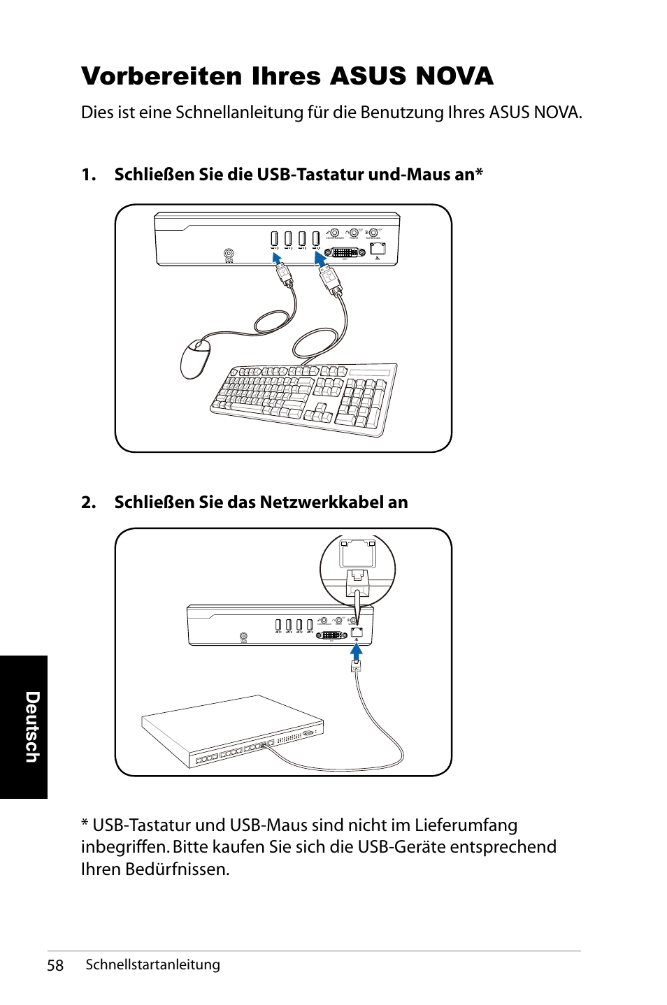 Vorbereiten ihres asus nova, Deutsch, Schließen sie das netzwerkkabel an | Schnellstartanleitung | Asus NOVA (P20/P22) User Manual | Page 58 / 280