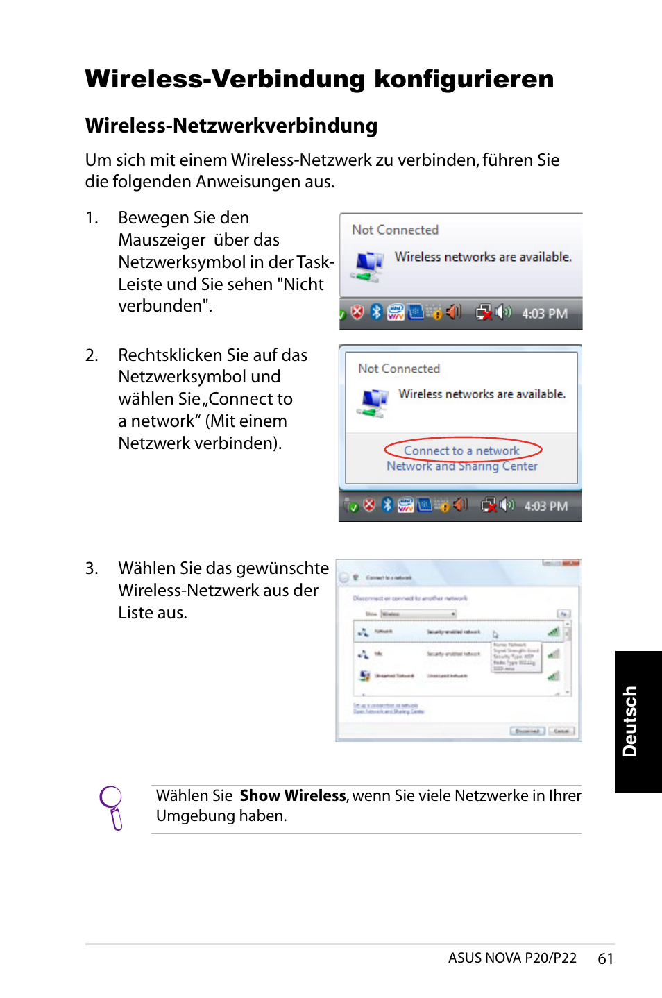 Wireless-verbindung konfigurieren, Wireless-netzwerkverbindung | Asus NOVA (P20/P22) User Manual | Page 61 / 280