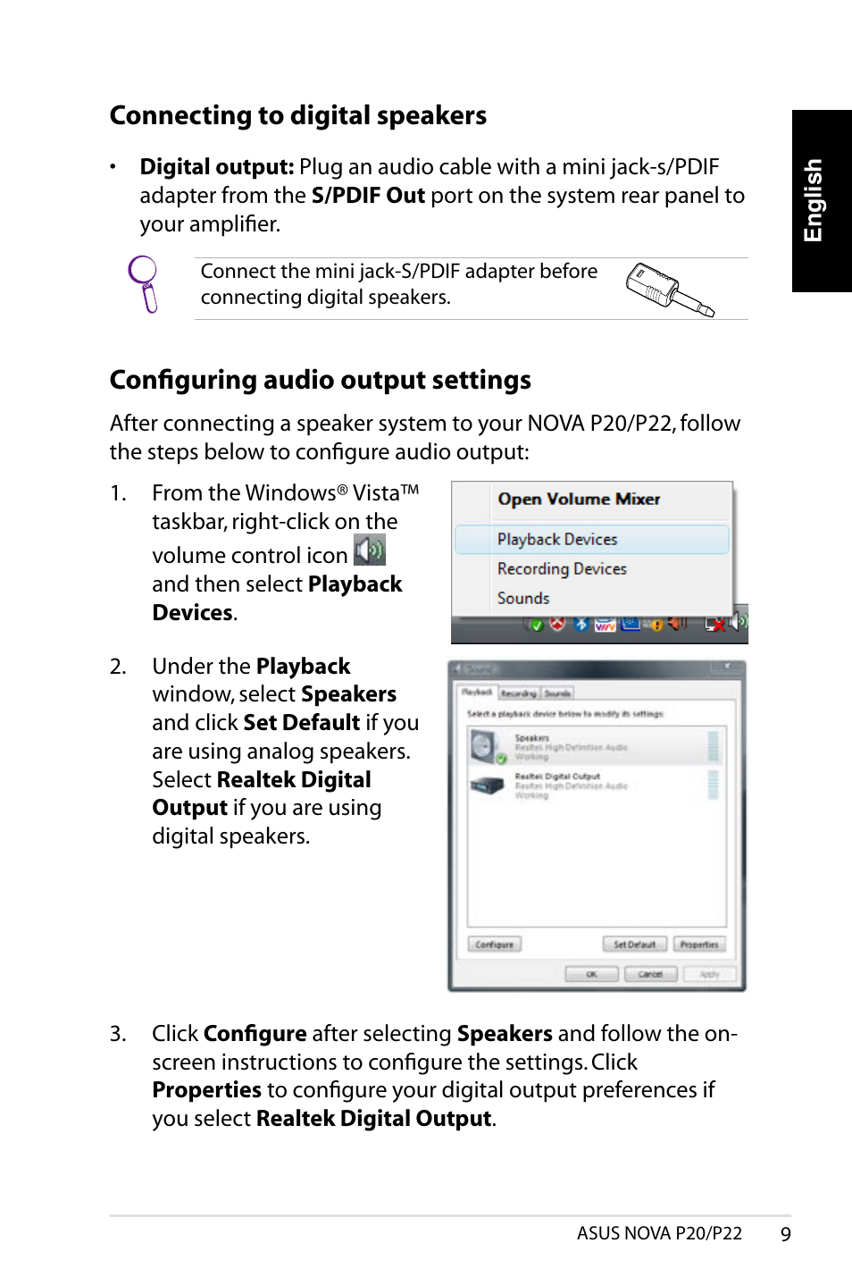 Connecting to digital speakers, Configuring audio output settings | Asus NOVA (P20/P22) User Manual | Page 9 / 280