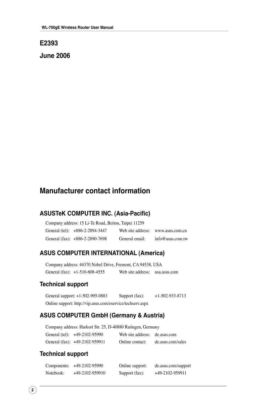 Manufacturer contact information, Asustek computer inc. (asia-pacific), Asus computer international (america) | Technical support, Asus computer gmbh (germany & austria) | Asus WL-700gE User Manual | Page 2 / 57