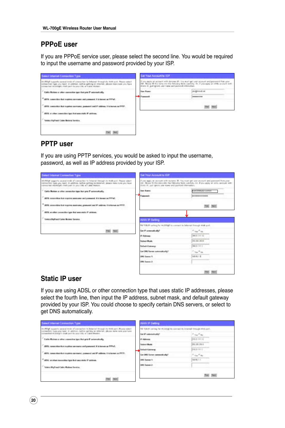 Pppoe user, Pptp user, Static ip user | Asus WL-700gE User Manual | Page 20 / 57