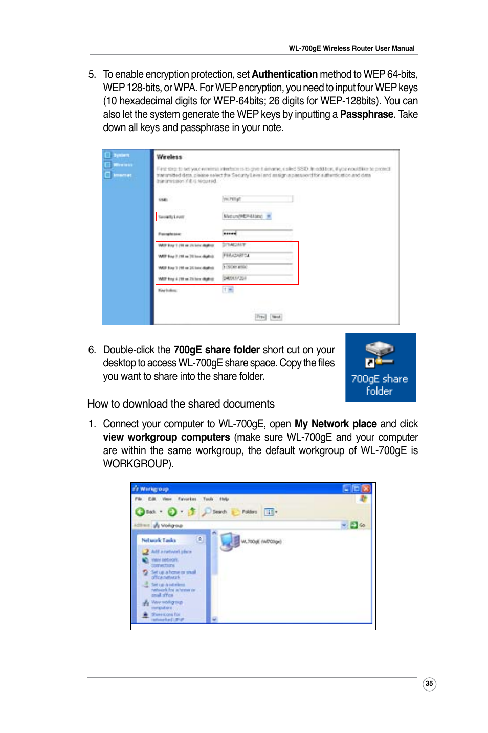 How to download the shared documents | Asus WL-700gE User Manual | Page 35 / 57